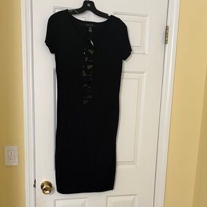 Cable & Gauge Black Midi Dress with Front Geometric Embellishments